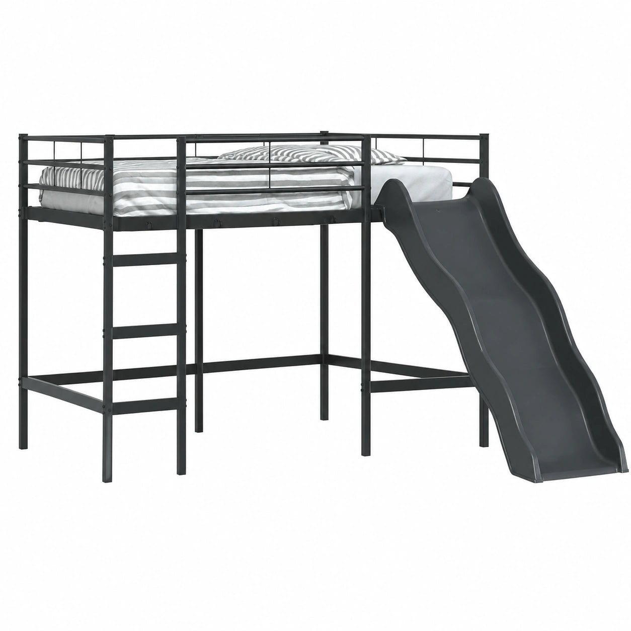 Cama Alta para Niños con Tobogán Negro y Antracita, Diseño Moderno y Transpirable