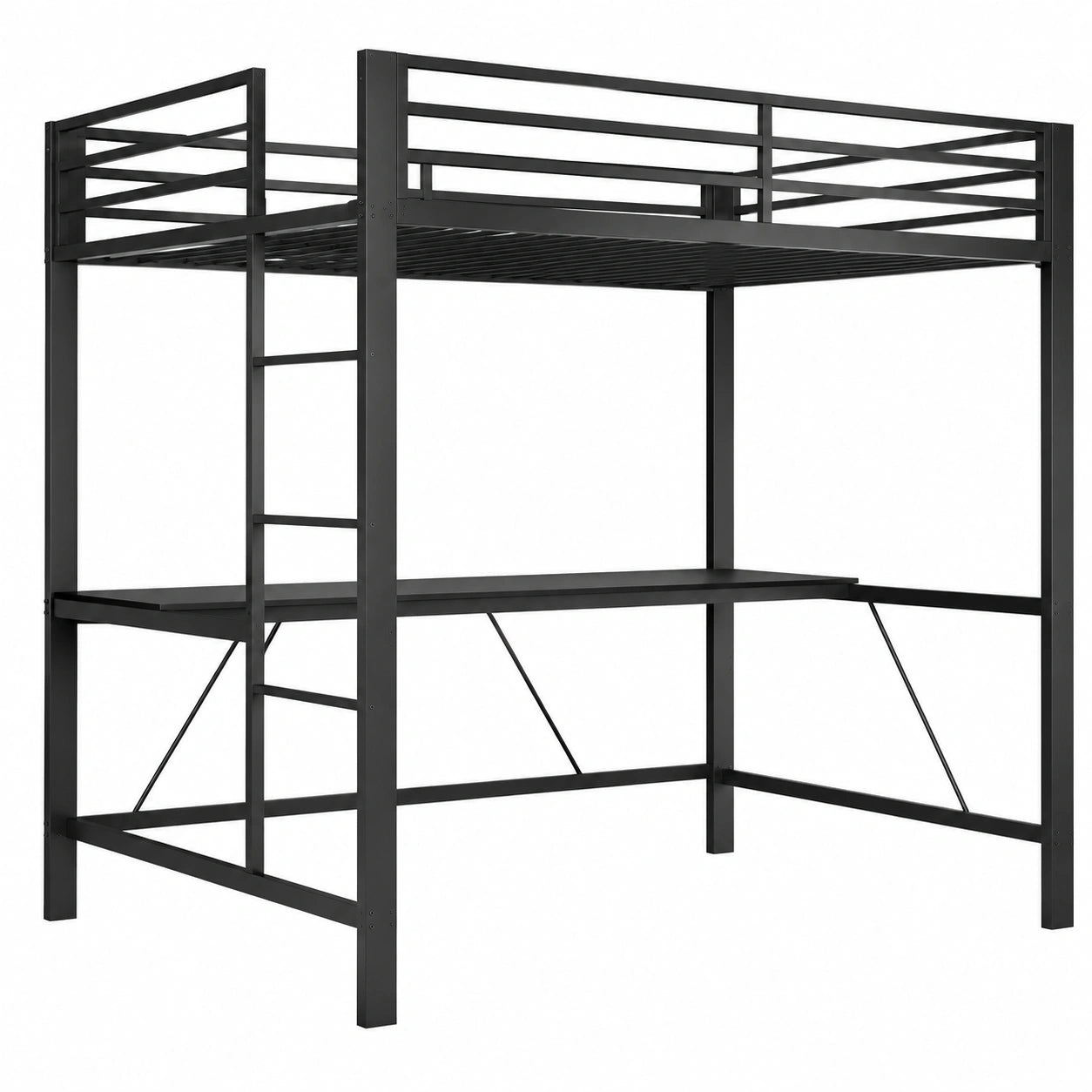 Cama alta de metal 140x200 cm con escritorio y LED para dormitorio, sin colchón, color negro