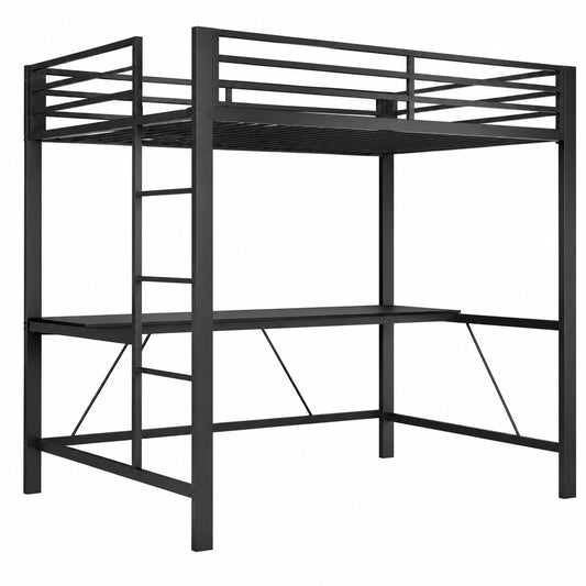 Cama alta de metal 140x200 cm con escritorio y LED para dormitorio, sin colchón, color negro