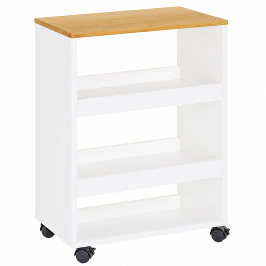 Carro de Almacenamiento Móvil de Madera y Bambú con Ruedas, Blanco y Natural, 48x24x77 cm, 3 Estantes
