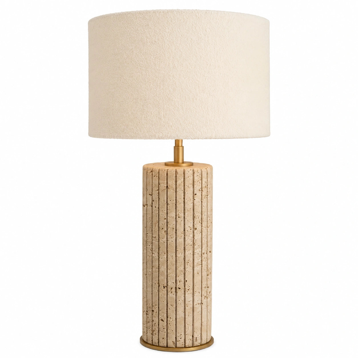 Lámpara de Mesa de Lujo Beige y Latón con Pantalla Redonda de Travertino