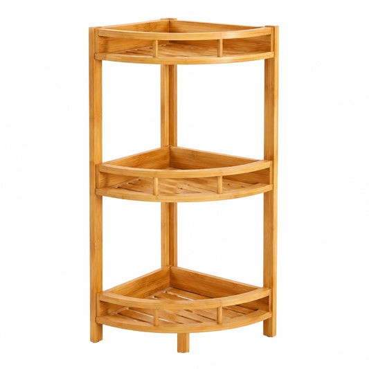 Estantería Esquinera de Bambú Natural 3 Niveles, Organizador Baño, Diseño Nórdico